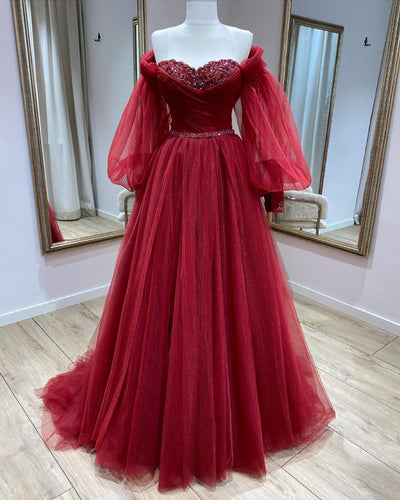 Tulle Sweetheart Prom Dresses With Puff Sleeves-alinanova