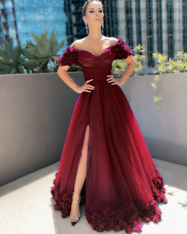 Tulle Flowers Off Shoulder Dresses With Split Tulle Flowers Off Shoulder Dresses With Split