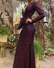 Load image into Gallery viewer, Long Sleeve Burgundy Sequin Prom Dress
