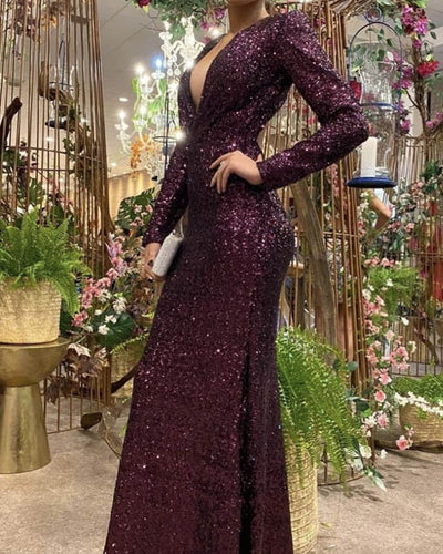 Long Sleeve Burgundy Sequin Prom Dress