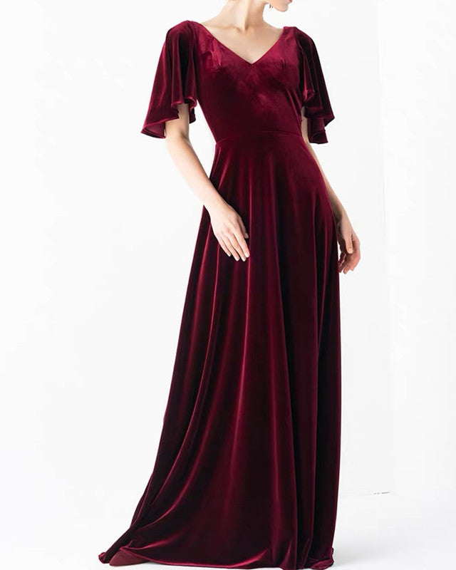 High V-Neck Velvet Bridesmaid Dresses With Sleeves