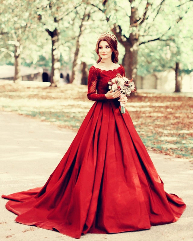 Burgundy Wedding Dress Lace Long Sleeves Ball Gown Burgundy Wedding Dress Lace Long Sleeves Ball Gown