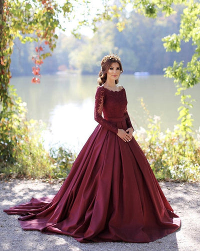 Burgundy Wedding Dress Long Sleeves