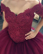 Load image into Gallery viewer, Wine Red Wedding Dresses Tulle Ball Gown Off Shoulder
