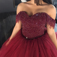 Load image into Gallery viewer, Burgundy Wedding Dresses Ball Gowns Off The Shoulder With Tassel
