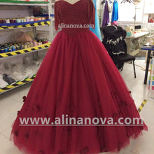 Load image into Gallery viewer, Burgundy Wedding Dresses Ball Gowns Off The Shoulder With Tassel
