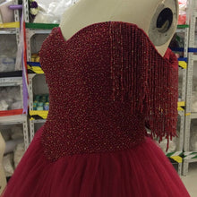 Load image into Gallery viewer, Burgundy Wedding Dresses Ball Gowns Off The Shoulder With Tassel

