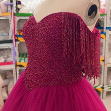 Load image into Gallery viewer, Burgundy Wedding Dresses Ball Gowns Off The Shoulder With Tassel
