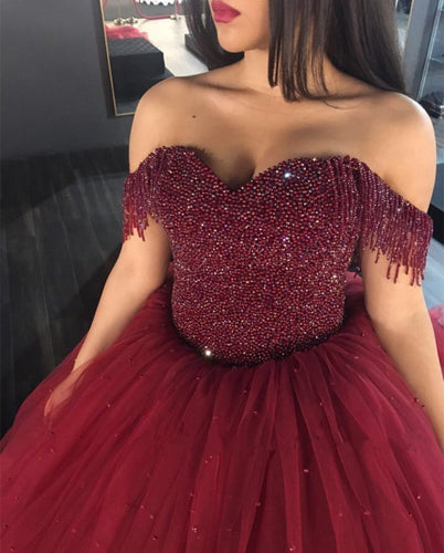 Burgundy Wedding Dresses Ball Gowns Off The Shoulder With Tassel-alinanova