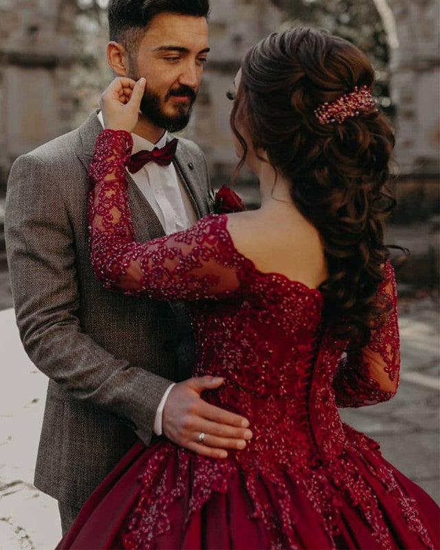 Burgundy Wedding Dresses Satin Ball Gown Lace Long Sleeves Burgundy Wedding Dresses Satin Ball Gown Lace Long Sleeves