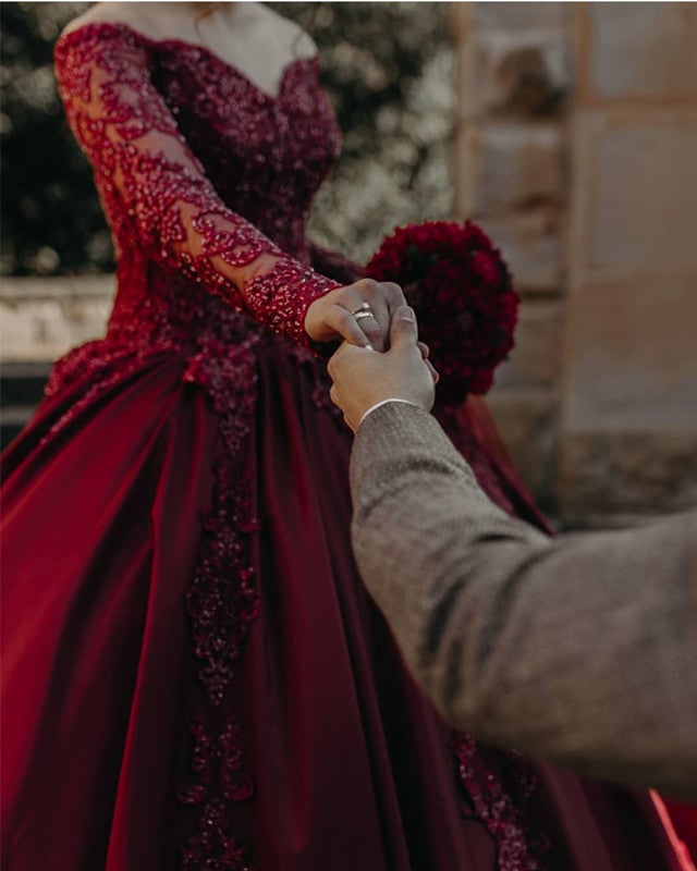 Burgundy Wedding Dresses Lace Off Shoulder Ball Gown alinanova Burgundy Wedding Dresses Lace Off Shoulder Ball Gown alinanova