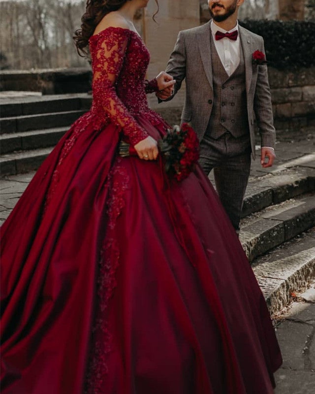 Burgundy Wedding Dresses Satin Ball Gown Lace Long Sleeves Burgundy Wedding Dresses Satin Ball Gown Lace Long Sleeves