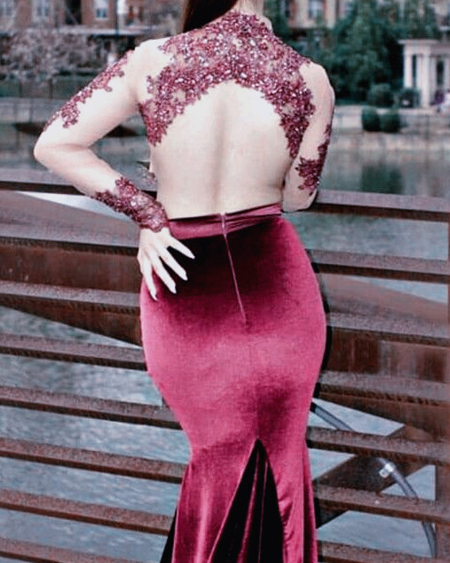 open lace back dress Burgundy Mermaid Velvet Two Piece Prom Dresses Lace Beaded Long Sleeve