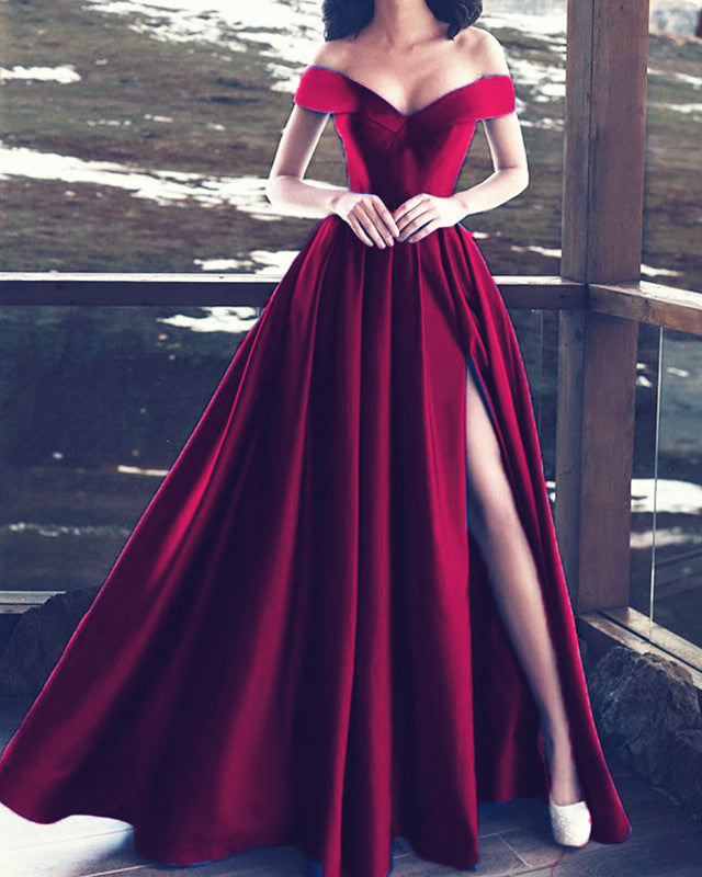Elegant V-Neck Off The Shoulder Long Satin Prom Dresses Elegant V-Neck Off The Shoulder Long Satin Prom Dresses