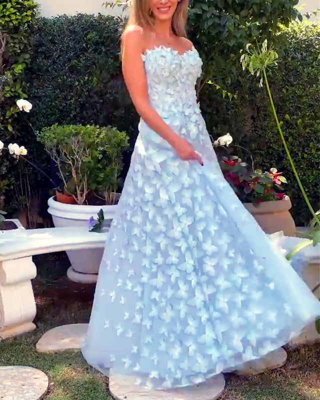 Butterfly Lace Sweetheart Prom Dresses Tulle Long