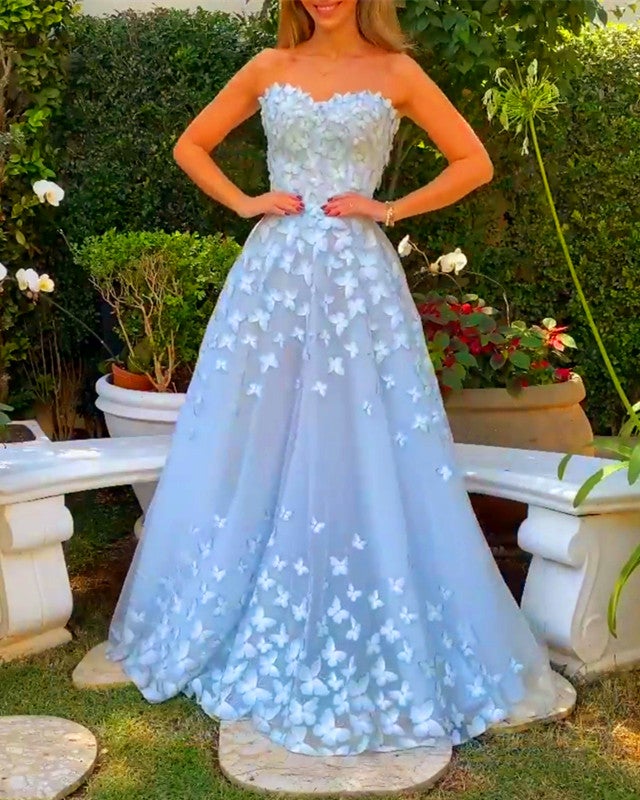 Blue Tulle Long Sleeves Formal Dress with Flowers, Blue A-Line Prom Dr