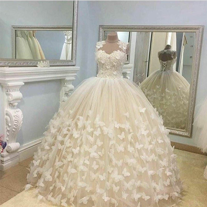 Butterfly Wedding Dresses Ball Gowns Lace Cap Sleeves-alinanova