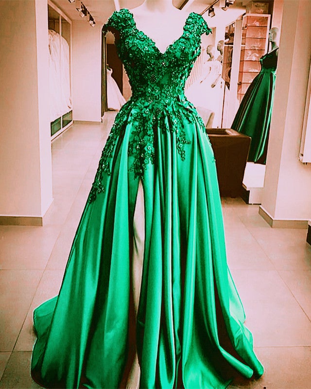 slim fit dress slacks V neck Half Sleeve Flower Prom Dress Tea Length Green Evening Dresses –  SELINADRESS