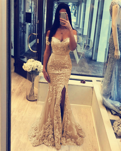 Champagne Mermaid Prom Slit Dresses