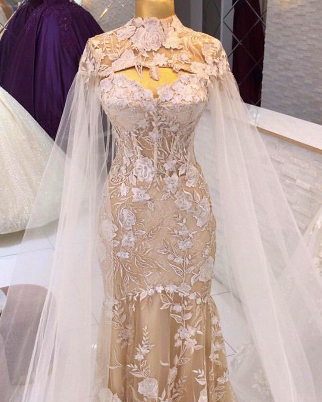Champagne Lace Mermaid Wedding Gown With Cape