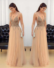 Load image into Gallery viewer, Tulle Floor Length Prom Dresses Beaded V Neck-alinanova
