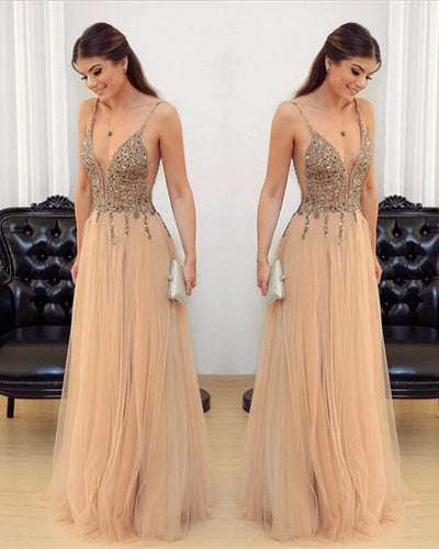 Tulle Floor Length Prom Dresses Beaded V Neck-alinanova