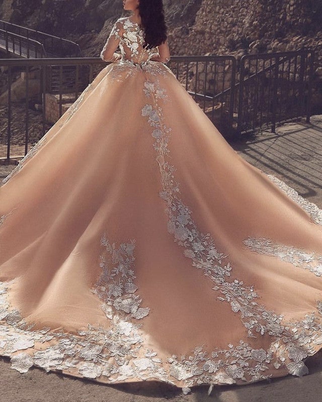 Champagne Wedding Dress Long Sleeves Ball Gown Ivory Lace Emboridery Champagne Wedding Dress Long Sleeves Ball Gown Ivory Lace Emboridery