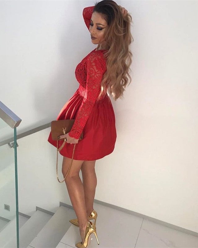 Charming Lace Long Sleeves V-neck Homecoming Dresses Charming Lace Long Sleeves V-neck Homecoming Dresses