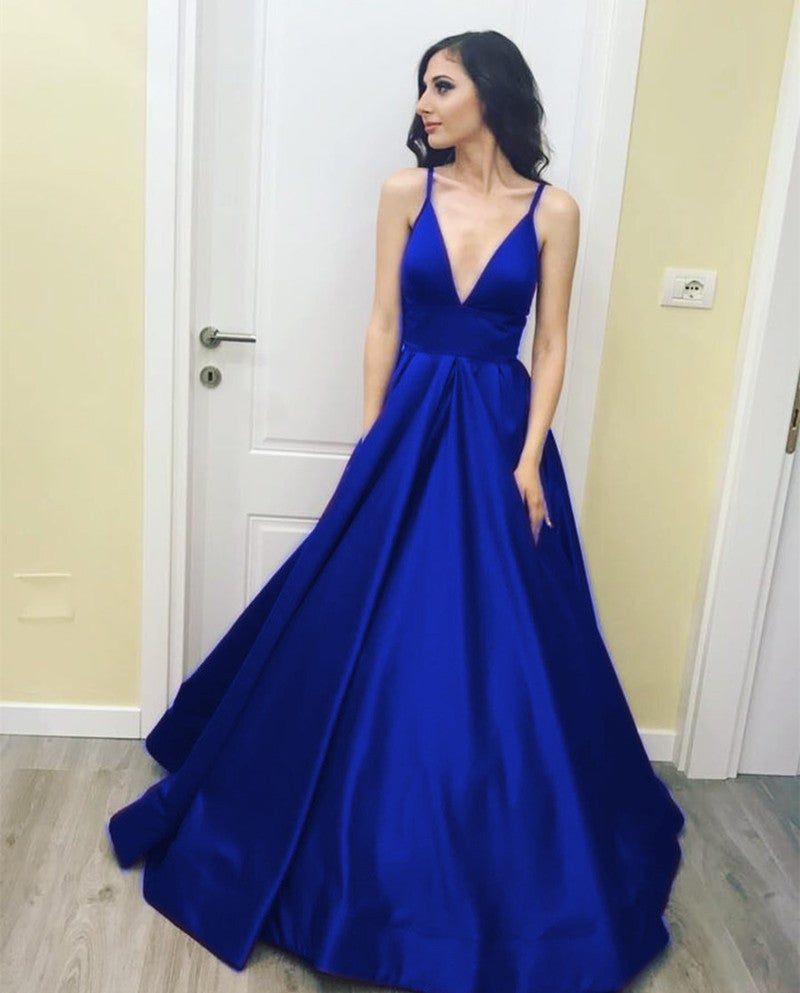 Charming V-neck Ball Gowns Prom Dress Floor Length Satin Evening Gown-alinanova