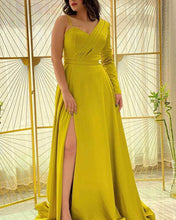 Load image into Gallery viewer, Chartreuse satin one shoulder prom dresses
