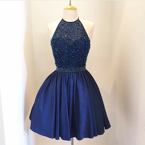 Chic Beaded Halter Short Satin Prom Homecoming Dresses-alinanova