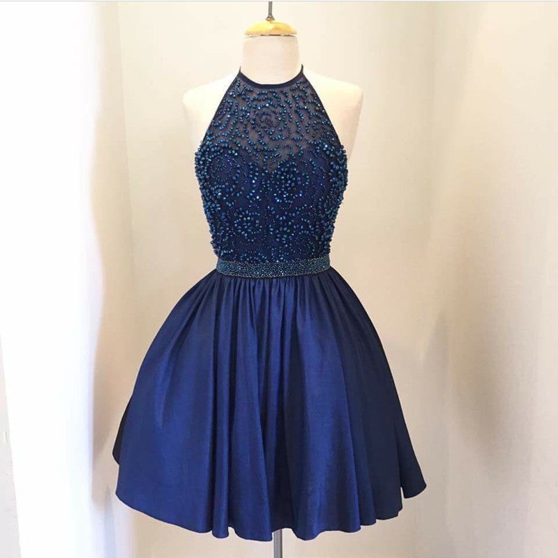 Chic Beaded Halter Short Satin Prom Homecoming Dresses-alinanova
