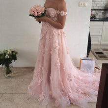 Load image into Gallery viewer, Chic Lace Flower Off The Shoulder Tulle Long Prom Dresses 2018-alinanova
