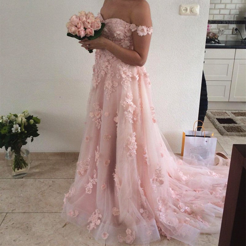 Chic Lace Flower Off The Shoulder Tulle Long Prom Dresses 2018-alinanova