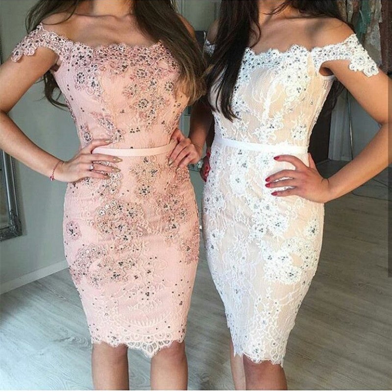 Chic Lace Off The Shoulder Sheath Homecoming Dresses 2018 Short Prom Gowns-alinanova