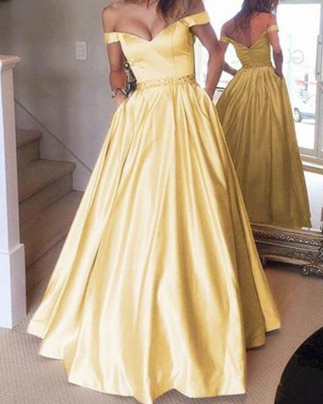 Chic Long Yellow Prom Dresses Off Shoulder-alinanova
