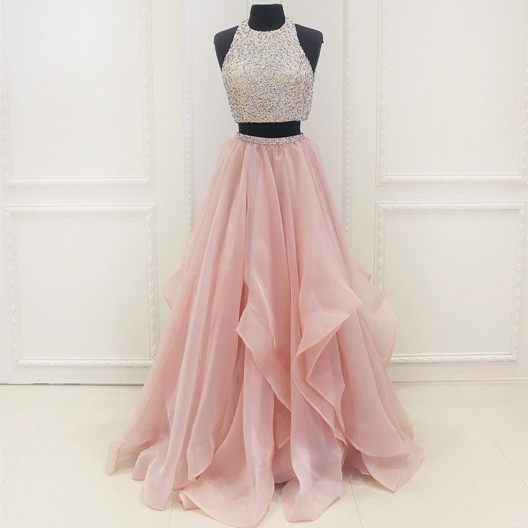 Chic Organza Ruffles Two Piece Prom Dresses With Sequins And Beads