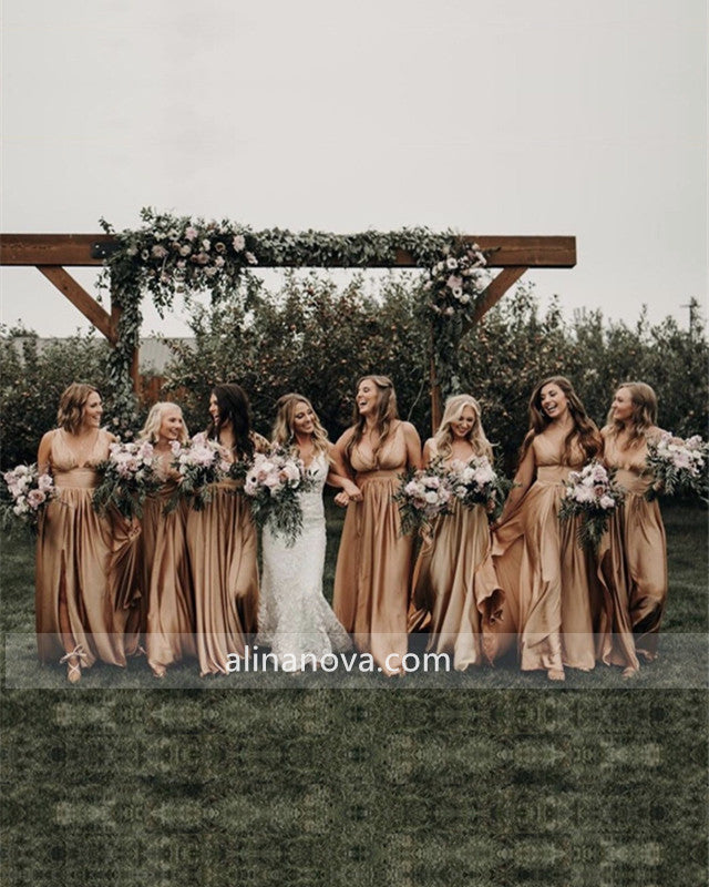 Sexy Long Split Bridesmaid Dresses Plunge Neck