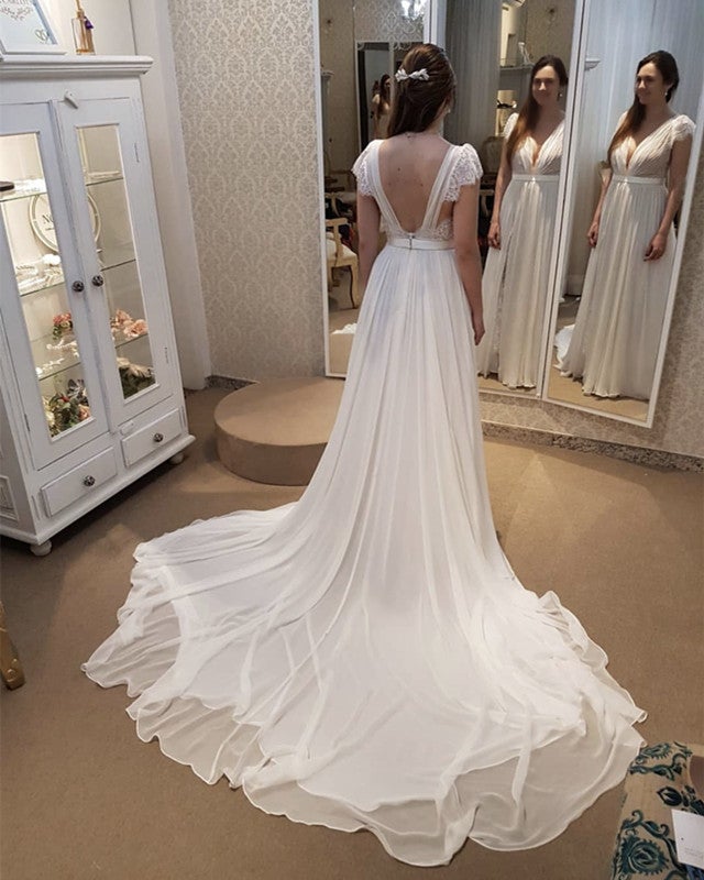 90s party dress Lace Backless V-Neck Cap Sleeve Knitted Wedding Dress main image 0
