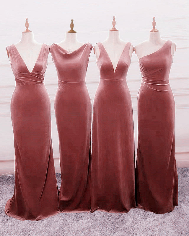 Winter Velvet Bridesmaid Dresses Flutter Sleeves V Neck  alinanova