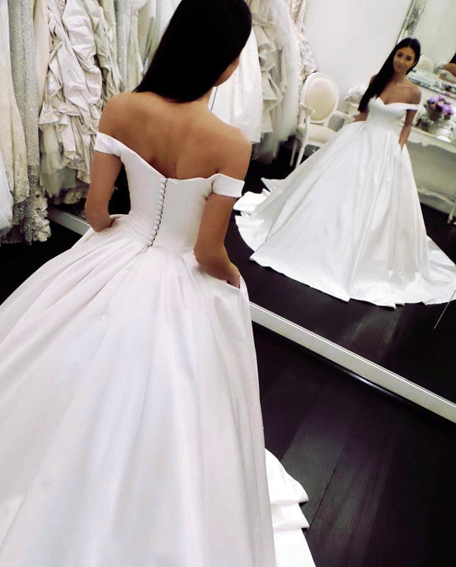 off-the-shoulder satin ball gown wedding dress reviews Classic Off Shoulder Satin Wedding Dresses Ball Gowns