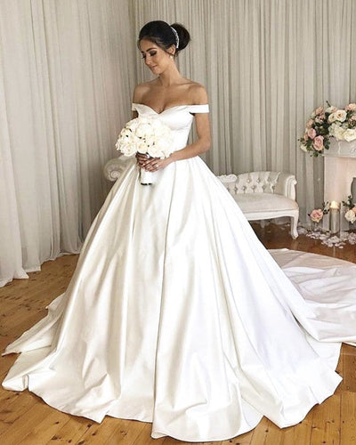 Elegant Off Shoulder Wedding Ballgown Satin Dresses
