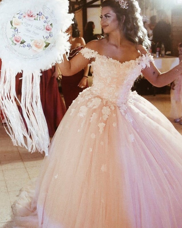 Coral Pink Tulle Wedding Dresses Ball Gown Lace Appliques – alinanova