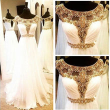 Load image into Gallery viewer, white chiffon golden beaded evening dress long prom dress
