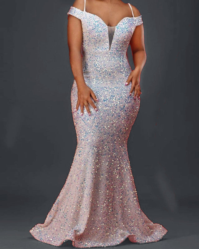 Cream Iridescent Sequin Mermaid Prom Dresses Off Shoulder