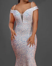 Load image into Gallery viewer, Cream Iridescent Sequin Mermaid Prom Dresses Off Shoulder
