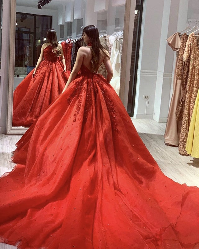 Crystal Beaded Halter Ball Gown Dresses Long Train Crystal Beaded Halter Ball Gown Dresses Long Train