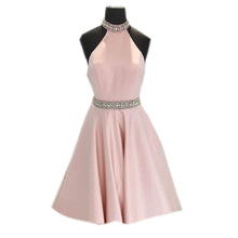 Load image into Gallery viewer, Crystal Beaded High Neck Short Pink Satin Homecoming Dresses
