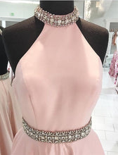 Load image into Gallery viewer, Crystal Beaded High Neck Short Pink Satin Homecoming Dresses
