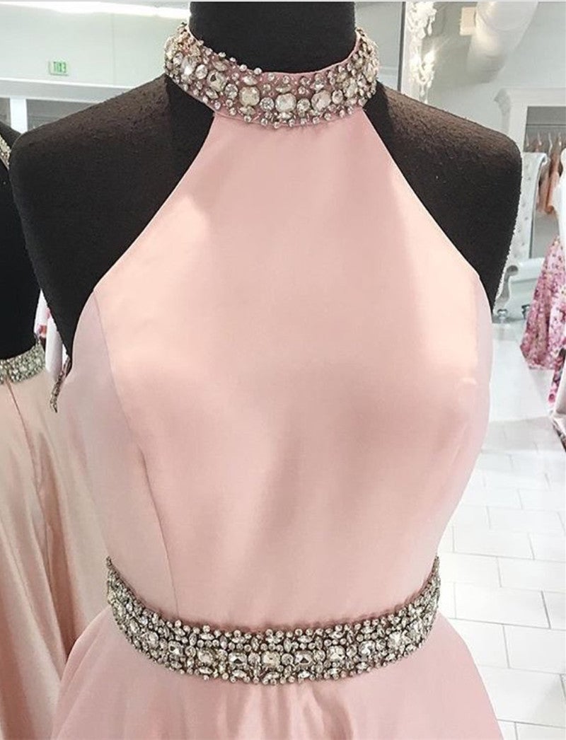 Short Pink Satin Prom Dresses Beaded High Neck alinanova Short Pink Satin Prom Dresses Beaded High Neck alinanova